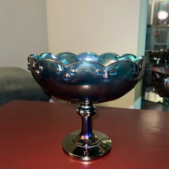Vintage Fenton Carnival Blue Glass Pedestal Bowl - Picture 2 of 7